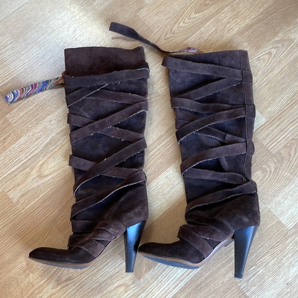 Missoni Brown Suede Strappy Knee High Heeled Boots - Picture 2 of 8